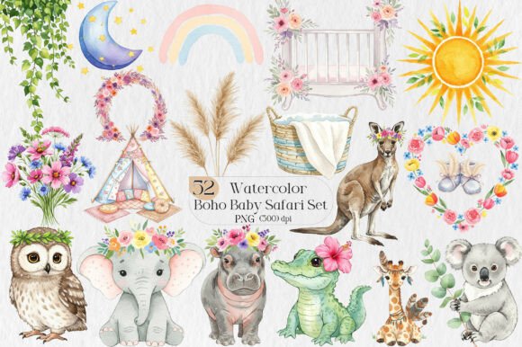 Boho Baby Safari Watercolor Set: A Design Asset