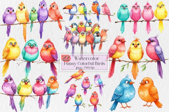 Charming Avian Art: Vibrant Watercolor Clipart for Designers