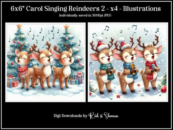 Charming Holiday Graphics: 6x6 Carol Singing Reindeers 5-8 - JPEG