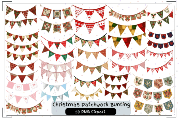 Christmas Patchwork Bunting Clipart: 50 Festive Design Flags