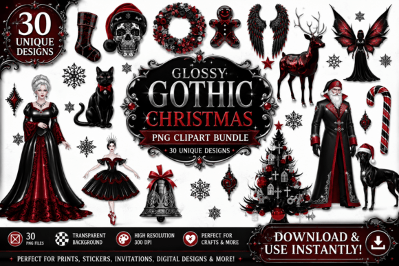 Glossy Gothic Christmas Clipart: A Designer's Dark Holiday Asset