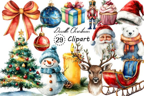 Watercolor Brush Doodle Christmas Bundle for Festive Design