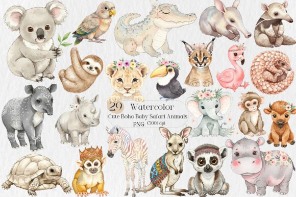 Watercolor Cute Boho Baby Safari Animals: A Design Asset