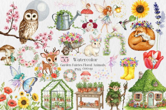 Watercolor Garden Fairies & Floral Animals: Enchanting Design Assets